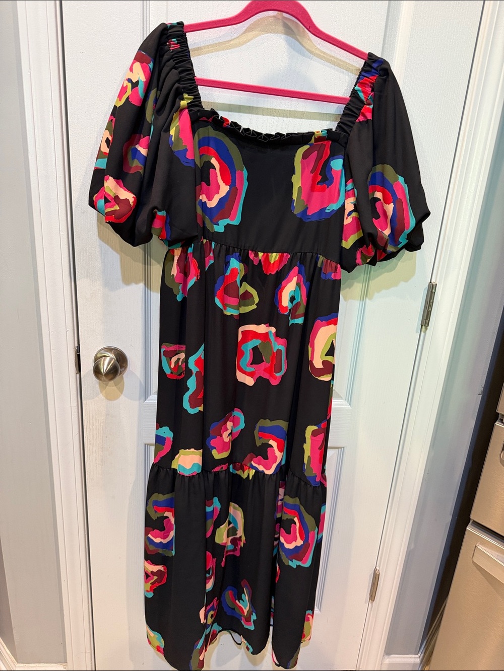 CROSBY by Mollie Burch Black Midi Dress with Bright Abstract Floral Print